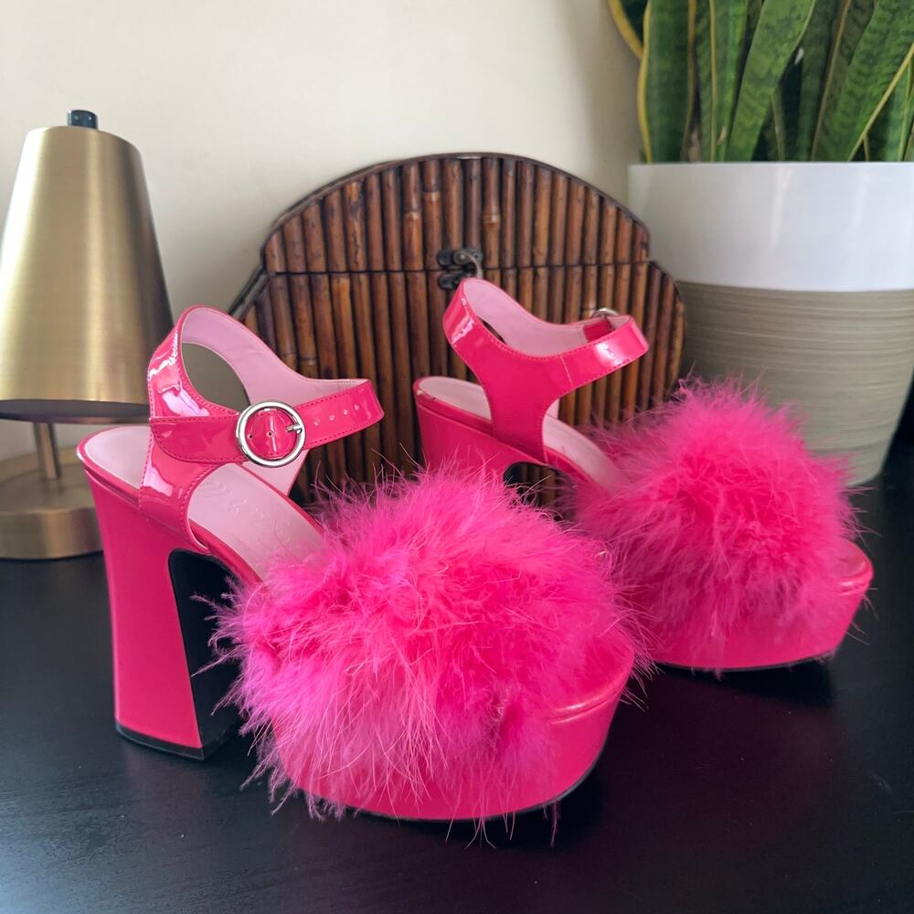 SUGAR THRILLZ x DOLLS KILL Blushin' N' Crushin' Marabou Heels Hot Pink Fur